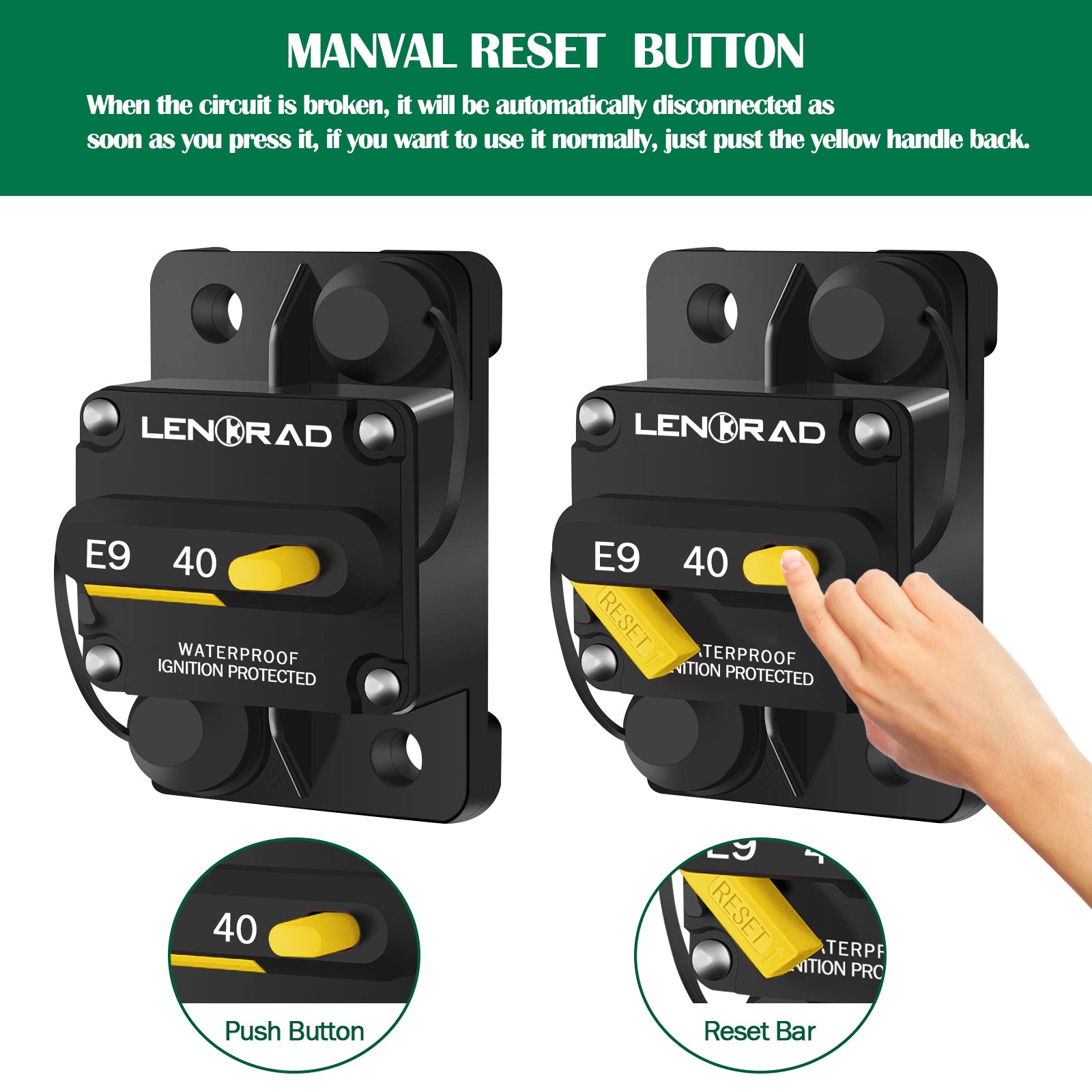 LENKRAD 40 Amp Circuit Breaker 12V with Manual Reset Switch Button