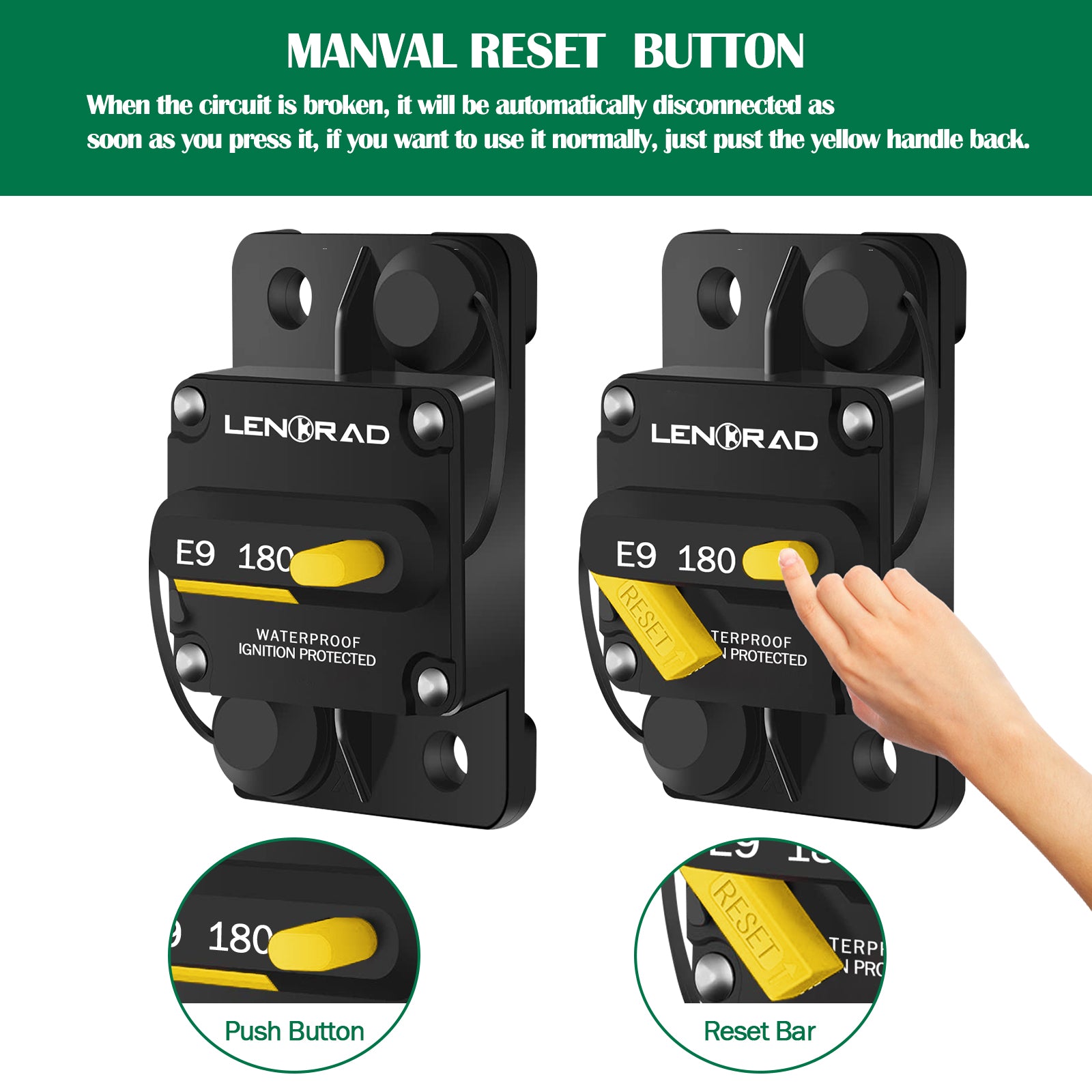 LENKRAD 180 Amp Circuit Breaker 12V with Manual Reset Switch Button for  Boat Marine RV Yacht, Boat Circuit Breakers 12V - 48V DC,  Waterproof(Surface