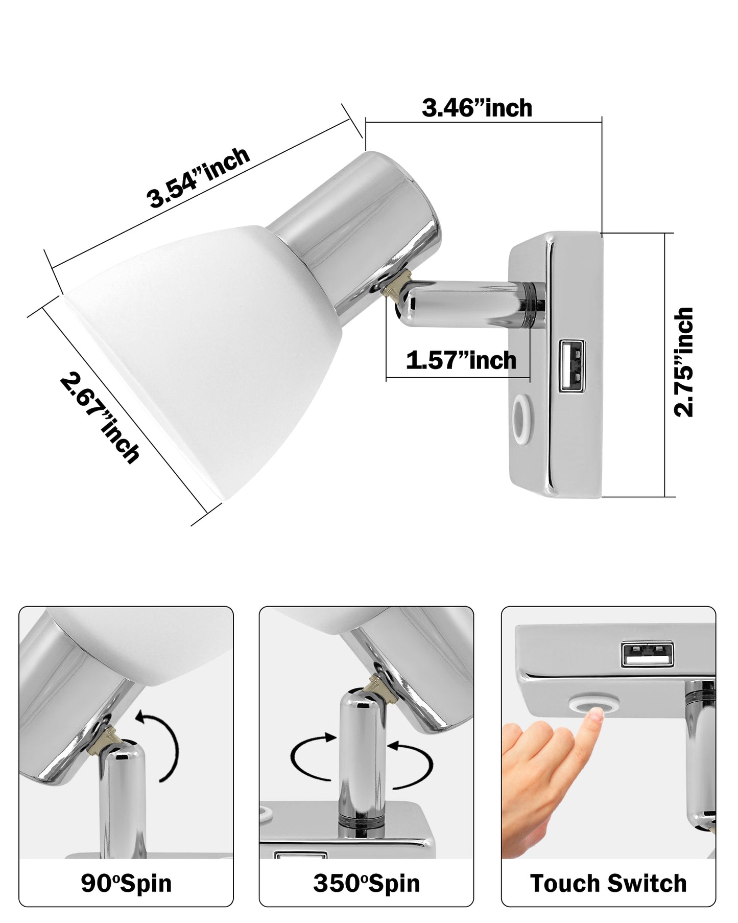 THALASSA 2 Packs RV Reading Light with USB Port(5V/2A), RV Lights Interior Frosted Glass Shade for Boat Yacht Caravan, Touch Switch Dimmable, USB Charger(Nickel) - THALASSA